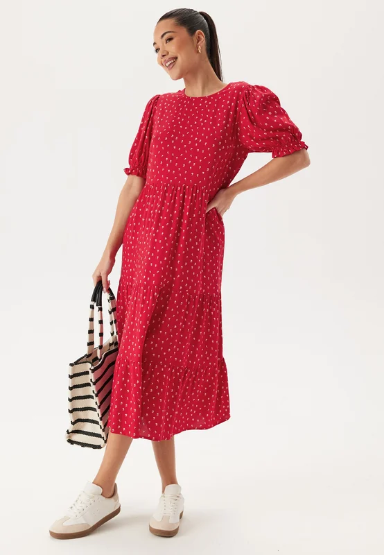 Happy Holly - Puff Sleeve Viscose Midi Dress - Red/Patterned