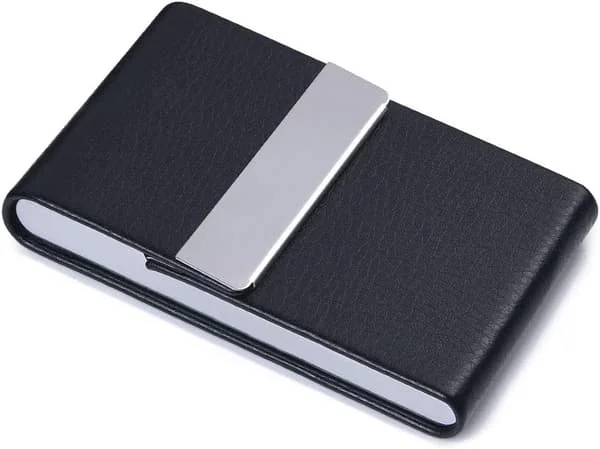Business Card Holder - PU Leather Credit Card Case, Slim Steel