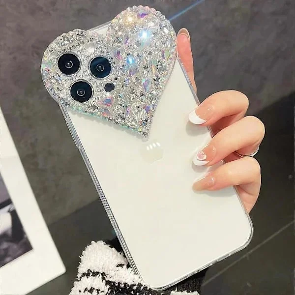 Kompatibelt iPhone 15 Pro Max-skal för kvinnor och flickor, lyxigt bling strass 3D-diamant kärleksskal, sött rosa glitter, glittrigt skyddande skal