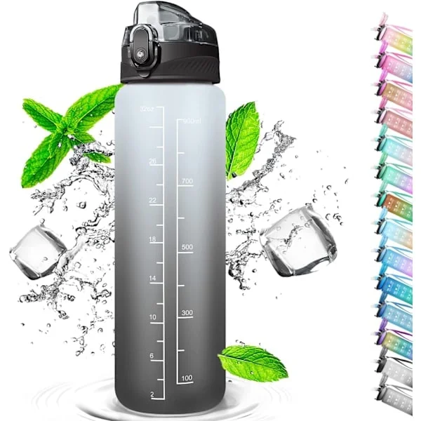 Juomapullo pillillä 1L, vesipullo aikanäytöillä, BPA-vapaa vesipullo, 1 napsautus avaus vesipullossa, urheilupullo, pyöräilypullo
