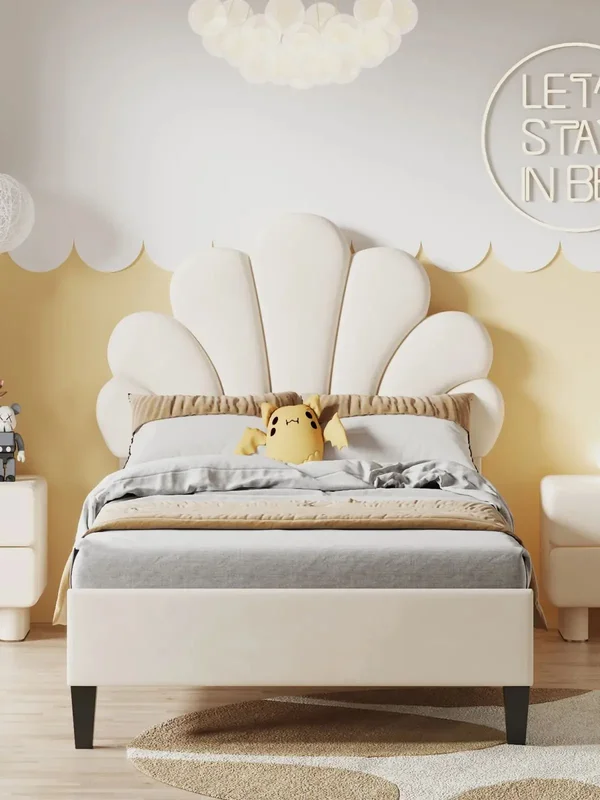 AliExpress - Rosahqnda Kinderbett , Einzelbett für Mädchen, höhenverstellbares Kopfteil, Blumenkopfteil, Polsterbett für Kinder, Velours