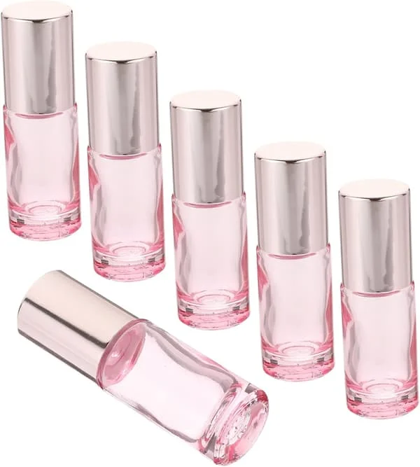 Glasrullflaskor för eteriska oljor och parfym 6 st 5 ml rosa påfyllningsbara reserullflaskor