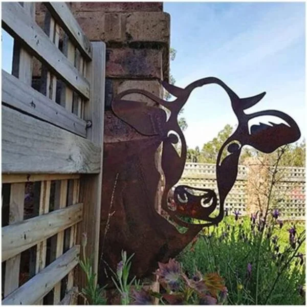Metal Cow Garden Decoration - Rusty Sheet Metal Sculptures - For Fences and Trees - Various Visual Effects