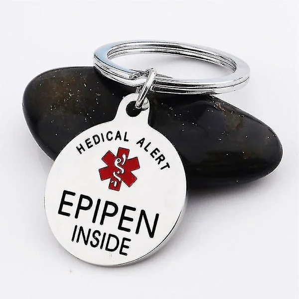 Epipen-bricka, Epipen-väskbricka - Dragkedja - Helt i kirurgiskt rostfritt stål Medicinsk varningssymbol ID-bricka Nyckelring