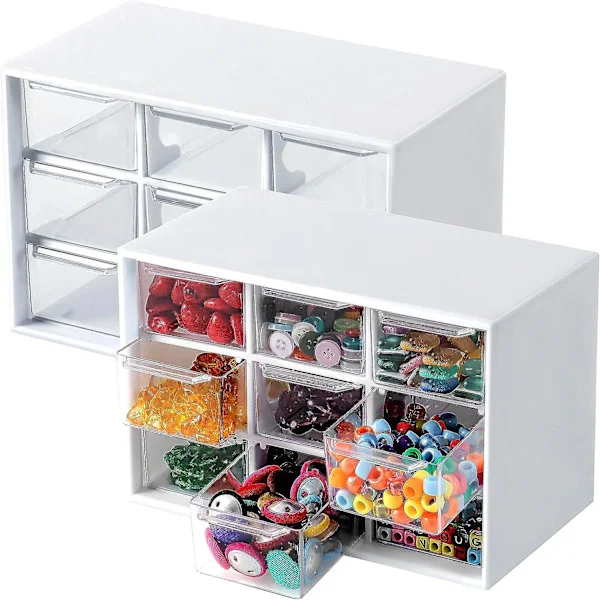 2-pack Craft Box Förvaring med 9 Lådor - Skrivbordsförvaring Organizer Mini Lådor för Hantverk Smycken Kosmetika Konst Sytillbehör