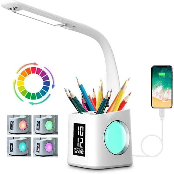 LED Eye-Caring Desk Lamp, Study and Work Table Lamp, USB Charging Port, Night Atmosphere Lamp with Pen Holder