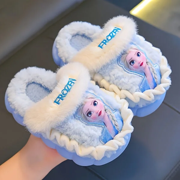 Flickors Frost Prinsess Tofflor - Vintervärme med Frost-figurer, Mjuka Plysch Inomhus Hemskor med Halkfri PVC-sula - Sli [DB] Sky Blue EU 24.5