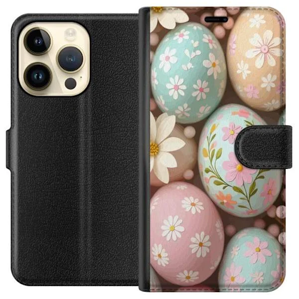 Kompatibelt Plånboksfodral till Apple iPhone 14 Pro Pastellfärgade ägg med blommönster och vårkänsla i mjuka rosa och turkosa nyanser