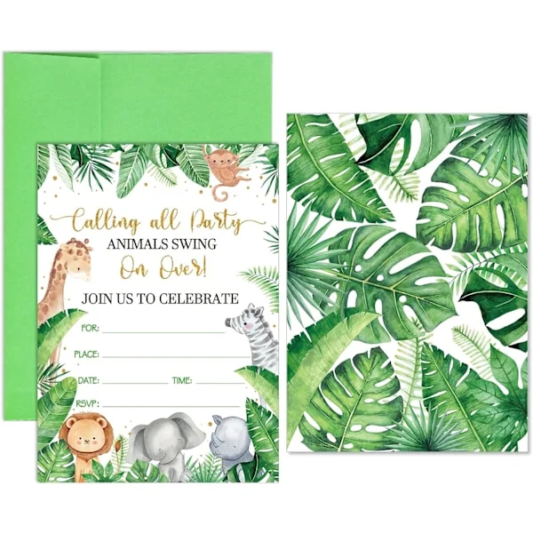 24 stk. Jungle Dyr Fødselsdagsfest Invitationer Baby Shower Invitationskort Safari Dyr med Konvolutter og Klistermærker til Børn Drenge Piger Tema -