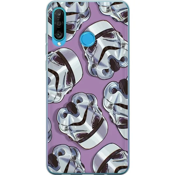 Yhteensopiva Puhelinkuori Huawei P30 lite Kuvioitu sci-fi-motiivi, jossa on valkoiset futuristiset kypärät violetilla taustalla