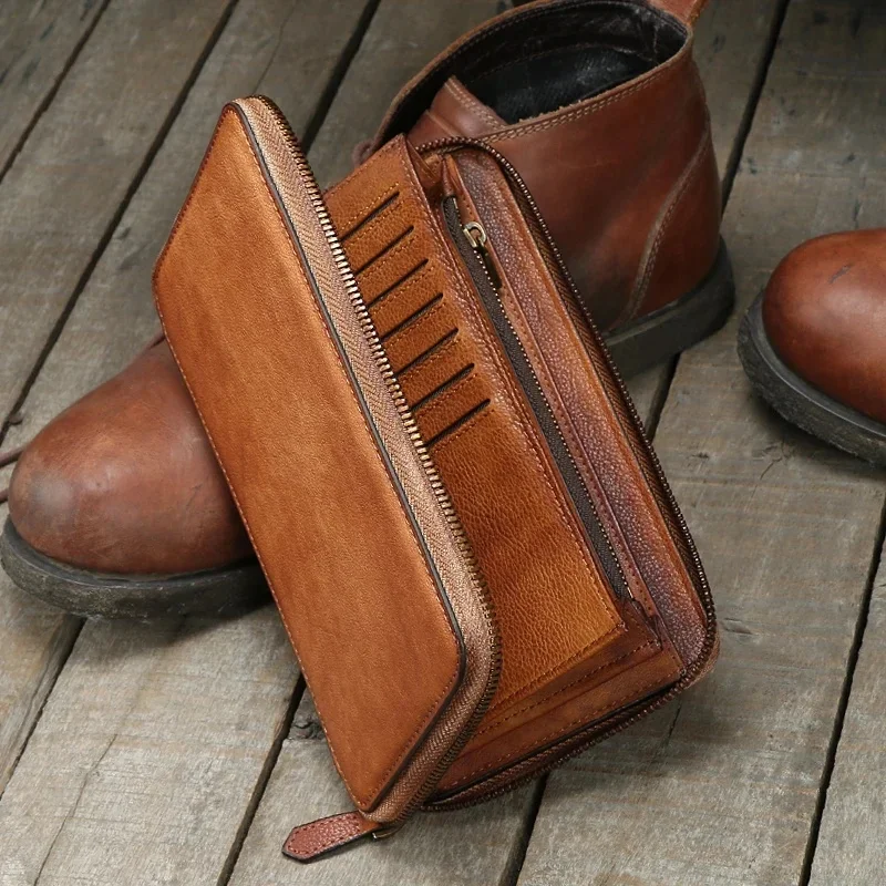 AliExpress - Vintage en cuir véritable portefeuille hommes en cuir long portefeuille hommes sac à main pochette mâle pinces à billets zip autour du 