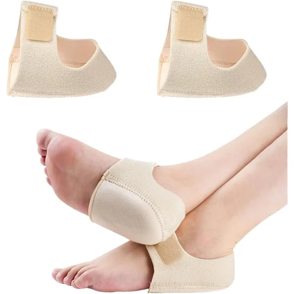 To silikone hælbeskyttere til plantar fasciitis og akillessenebetændelse, lindrer ledsmerter, beige