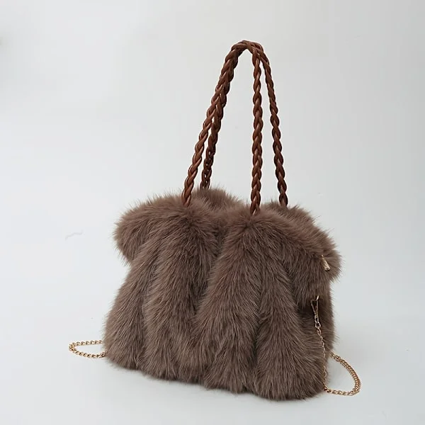 New Autumn Winter Cute Ripe Bucket Bag, Large Capacity Plush Handbag with High-Quality INS Style Design, Faux Fox Fur
