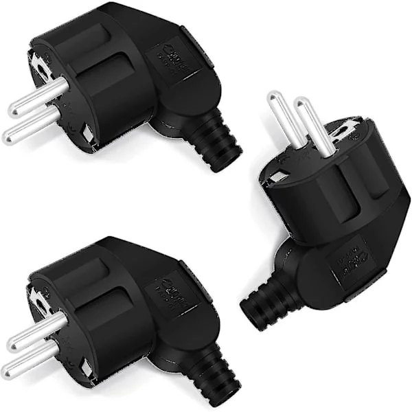 Schuko-kontakt vinklet støpsel 3 stk, jordet kontakt med anti-knekk-hylse, kontakt 250v (16a), strømkontakt vinklet kontakt utendørs