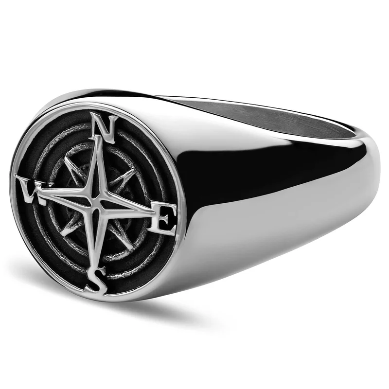 Atlas | Anillo sello de acero inoxidable con brújula para hombres - Anillos tipo sello