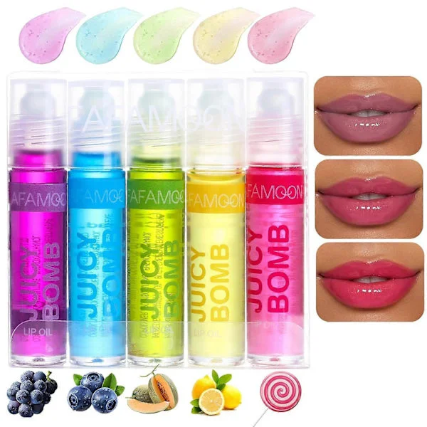 [RM] 5 stk. Roll On Lipgloss Sæt, Glitter Lipgloss Sæt med Frugtsmag, Lipgloss, Jelly Læbeolie, Fugtgivende til Børn, Teenagere, Ikke-giftig