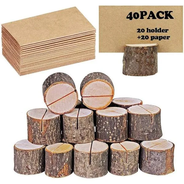 Namnskyltshållare, Rustikt Äkta Trä med Trädbark Bordskortshållare (20 Hållare + 20 Kraftpapper)