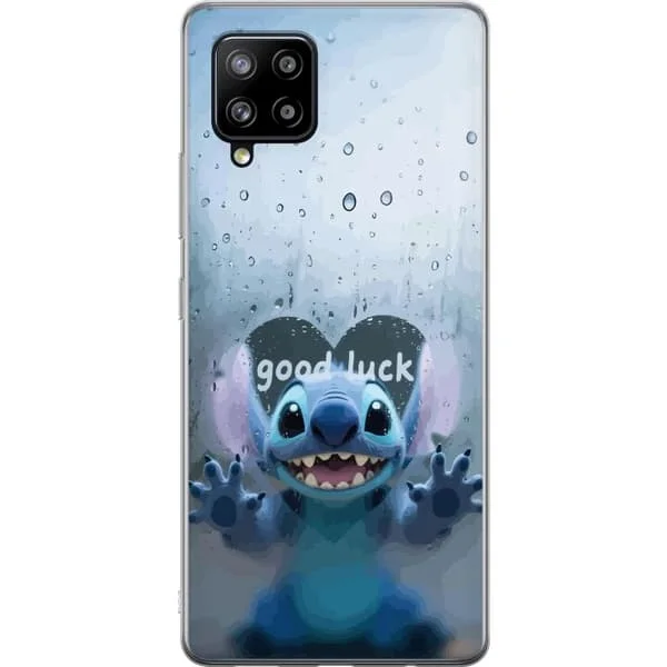 Kompatibelt Mobilskal till Samsung Galaxy A42 5G Blå söt figur bakom regnigt glas med text good luck, lekfullt motiv med vattendroppar och mjuk stil
