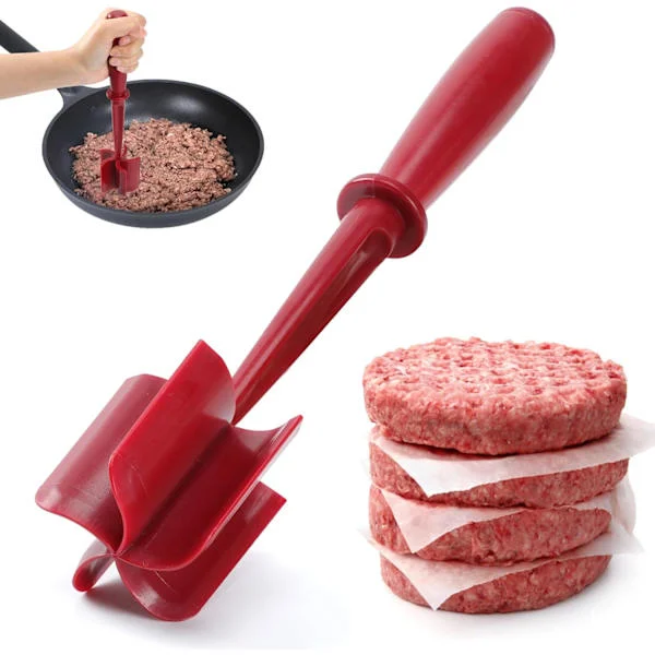 Premium Kødhakker - 5 Buet Klinge Hakket Oksekød Smasher Værktøj - Varmebestandig Nylon Kødhakker til Hakket Oksekød, Hamburger, Kartofler Rød