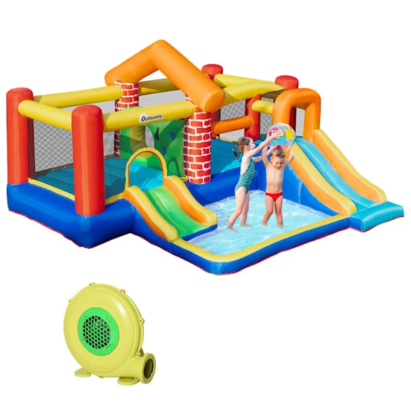 Outsunny Uppblåsbart Slott med 2 Rutschkanor, 2 Trampoliner och Pool för barn från 3 år, Inkluderar Uppblåsningsanordning och Bärväska för inomhus-/ut