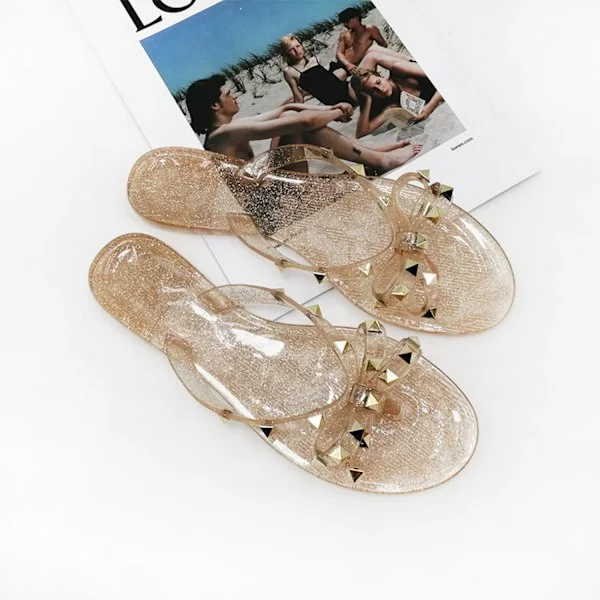 Dam Jelly Flip Flops Sandaler med Nitar och Rosett - Tofflor Flip Flops för Sommaren ------ Transparent Guld (Storlek 36)