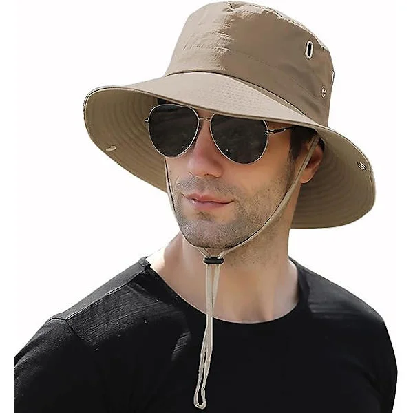 Solhatt for menn sommer bred brem UPF50 pustende vanntett sammenleggbar caps, khaki
