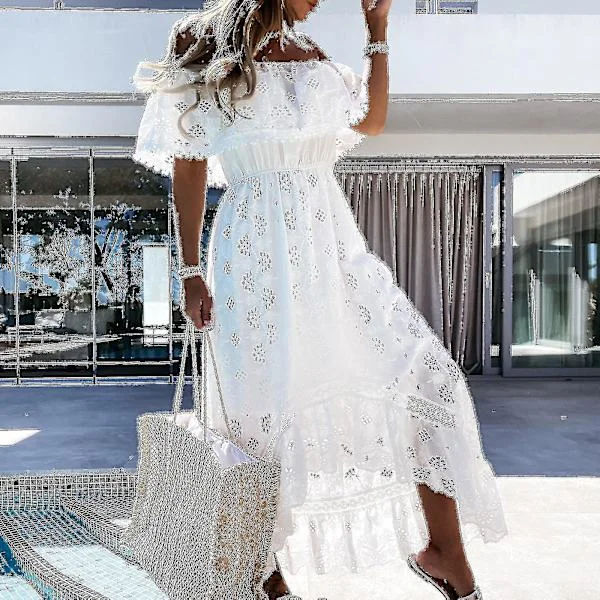 Bohemian Lace Maxi Dress for Women, White Beach Dress, Short Sleeve Off-Shoulder Dress-yu