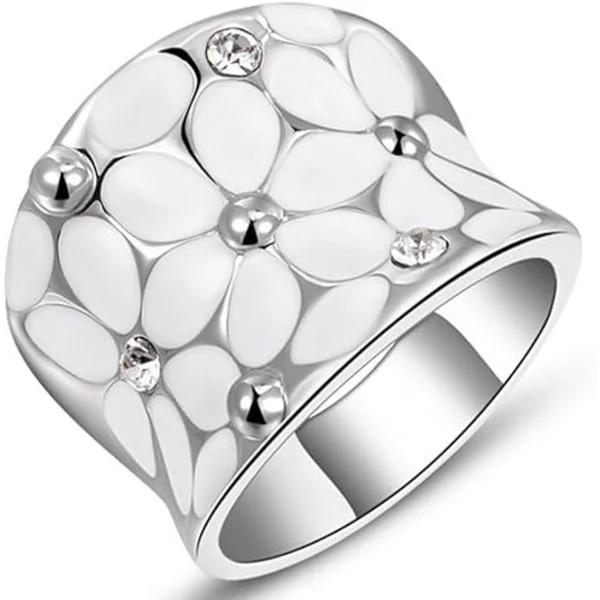 Elegant dame emalje blomst hvidguld ring blomsterblad platin vielsesring forlovelsesring krystal indlæg