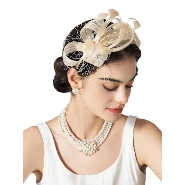 Champagne Fascinator Pandebånd med Båndfjer, Dame Te Selskab Hat til Kentucky Derby Cocktail Bryllup Fancy Kjole Fest Brud