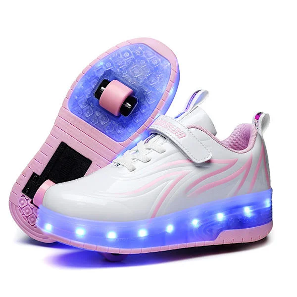 Barn LED USB-laddningsbara skor med ett hjul, vit och rosa