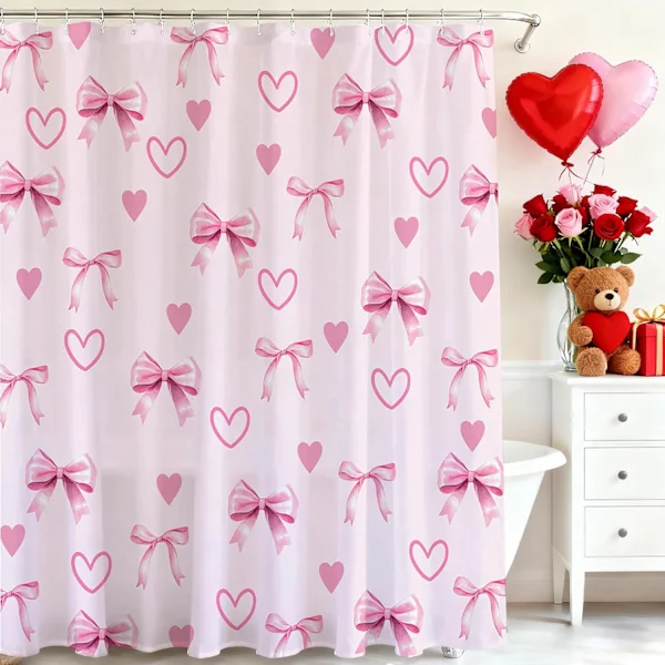 Mocsicka Valentines dusjforheng svart rosa sløyfe kjærlighet hjerte baderom dusjforheng Valentins hjerter vanntett stoff dusjforheng badekar dekor