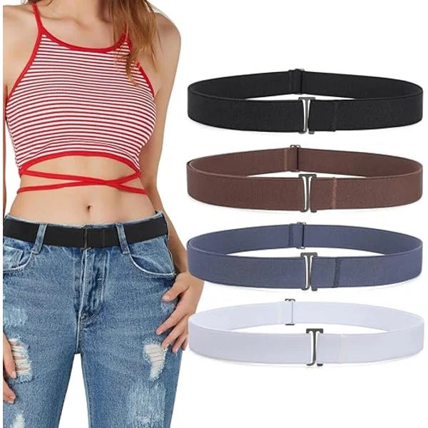4-pack osynliga elastiska bälten för kvinnor och män, justerbara, utan spänne, platt metallspänne för jeans, byxor och klänningar