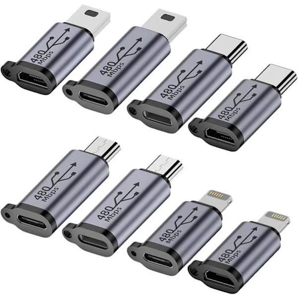 USB C till Micro USB Adapter, Typ C/Micro USB Hona till Lightning Hane Konverterare, Micro USB till USB C Förlängare (8-Pack)