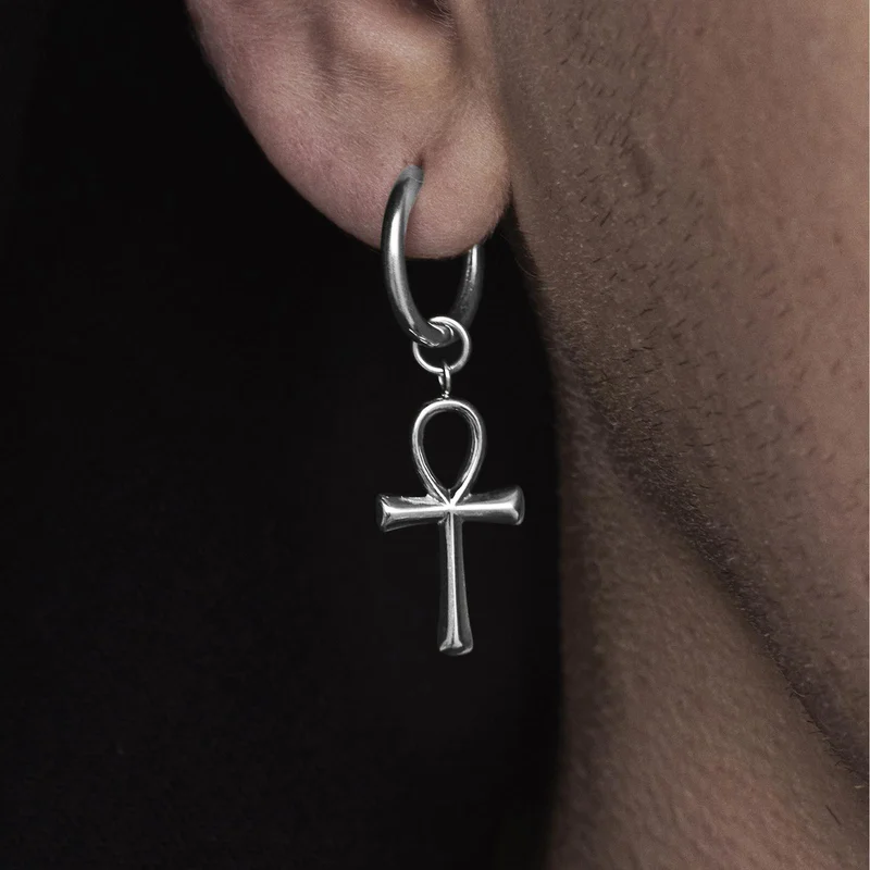 Silver-Tone Steel Drop Hoop Earring with Ankh Charm for Men - Charm Hoop Earrings