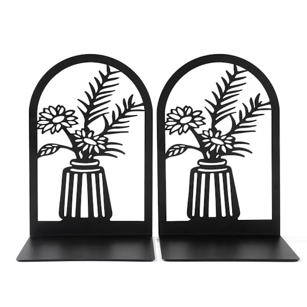 Decorative Metal Bookends with Floral Motif - L-shaped Bookends for Desk, Shelf or Bookstore