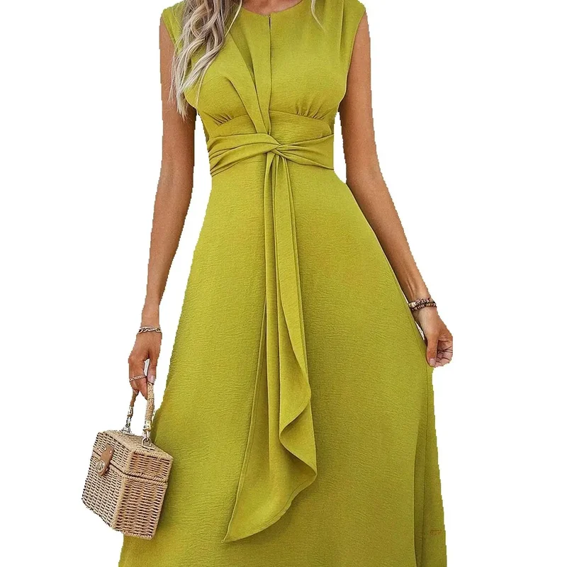 AliExpress - Einfarbiges A-Linien-Kleid für Damen, ärmellos, vorne, dünne Träger, elegantes Midikleid mit Gürtel für den Sommer