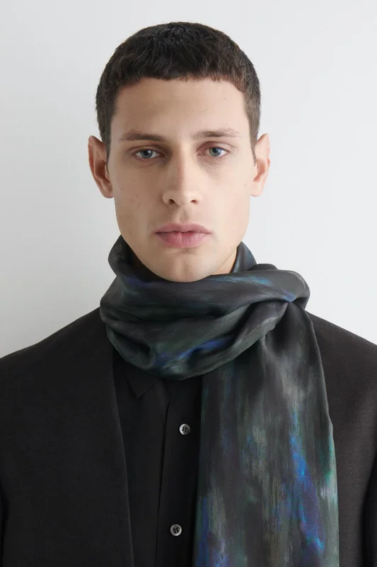 COS Men's Paint Print Silk Scarf in Blue