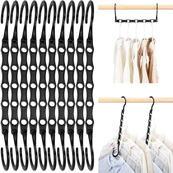 Pakke med 10 magiske bøjler garderobestativ organizer tøjopbevaring pladsbesparende i skabe sort 38CM