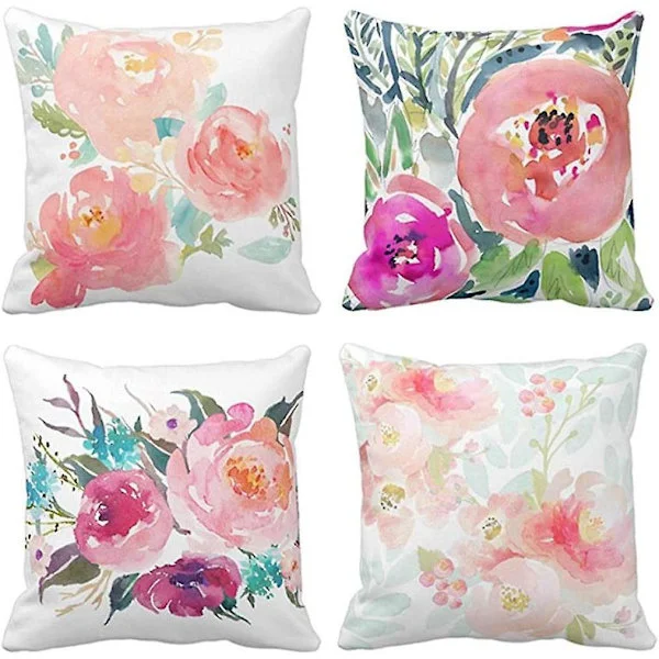 Sett med 4 putetrekk - Peoner, sommerakvarell, blomster, rosa, jentete, pastellmint, fargerik, dekorativ, putetrekk, hjemmedekor, firkantet, 18x18 