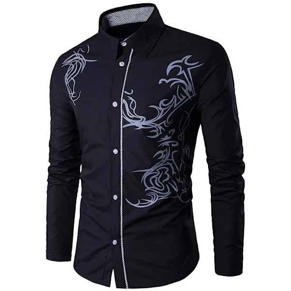 [LCS]Herre printet button-down skjorte langærmet afslappet skjorte sort