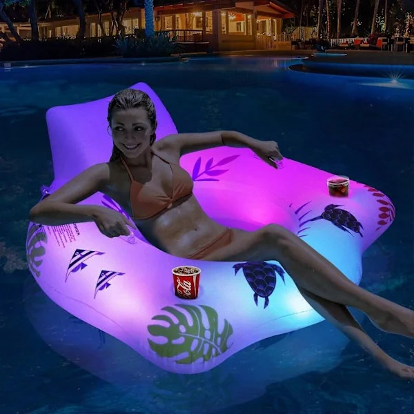 Uppblåsbar Poolstol med Färgskiftande LED-lampor, Solcellsdriven Flytande Flotte för Vuxna, Enkel Poolfåtölj, Perfekt Sommarvattenflotte