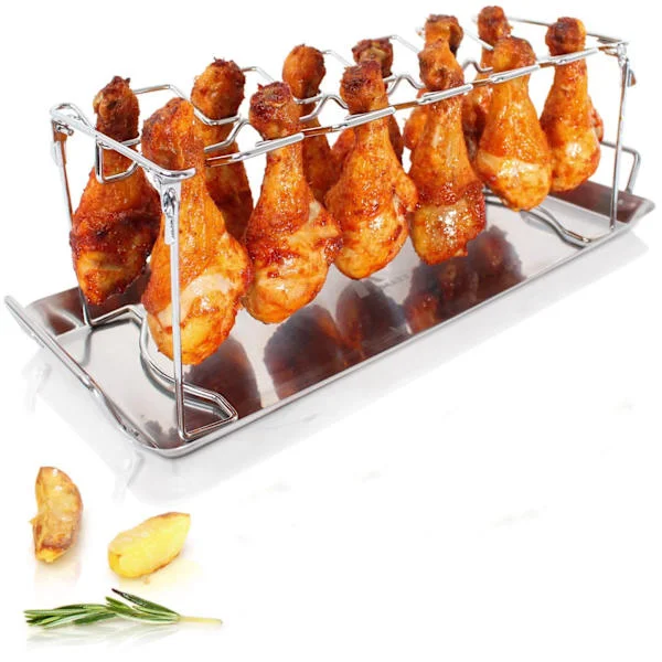 Lett å rengjøre kyllinglårstativ for grill og røyker, 14 spor rustfritt stål stativ med sammenleggbar design og dryppebrett, perfekt for grilling, 