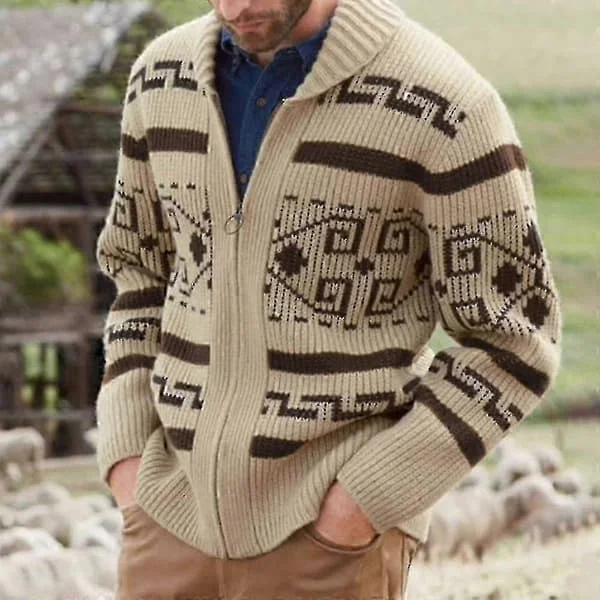【BQ】Herre cardigan i khaki med lynlås, jacquardstrikket sweater, efterår/vinter varmt tøj