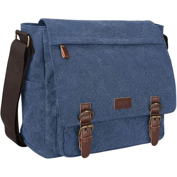 Herre Messenger Bag Crossbody Skulder 15,6 Tommers Bærbar Vintage Canvas Aktveske Veske med Flere Lommer (Marineblå)