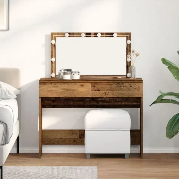 VidaXL Modern sminkbord med 2 lådor och LED-belysning, gammalt trä 100x40x120 cm