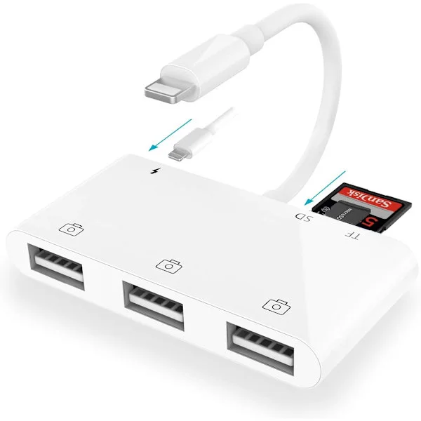 iPhone SD-kortleseradapter, 6-i-1 iPhone USB-kameraadapter med 3 USB-kabler, SD/TF-kortleser og ladeport, USB-hunn OTG-adapter for i