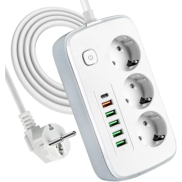 Grenuttag med USB, 3-vägsuttag med 5 USB-portar och 1 USB-C för skrivbord med strömbrytare, 2 meter förlängningssladd, adapter-FF-