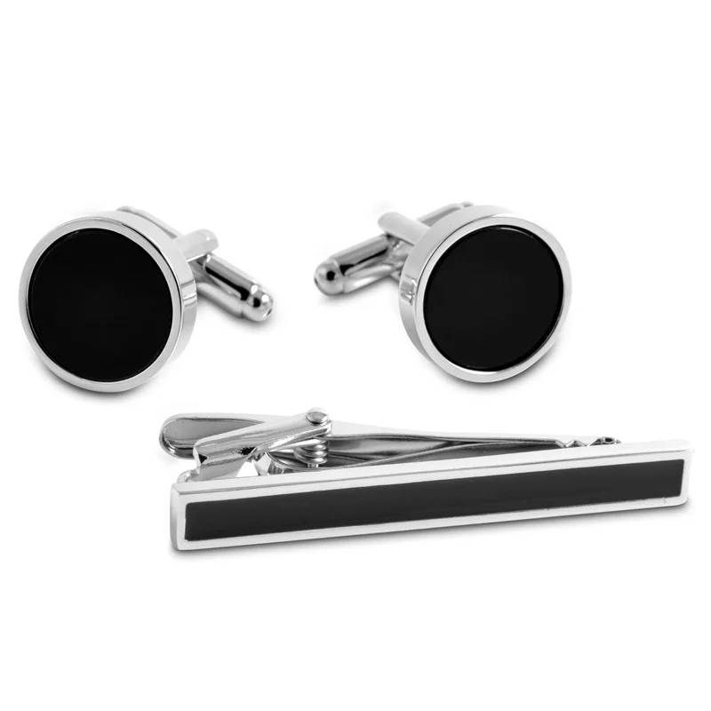 Silver-Tone and Black Tie Clip and Cufflinks Set for Men - Tie clips & cufflinks sets