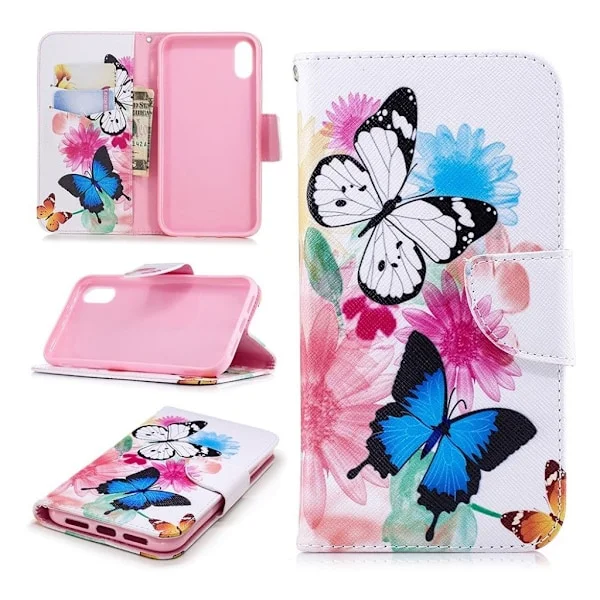 iPhone XR mobilfodral syntetläder silikon stående plånbok - Fjärilar och blommor