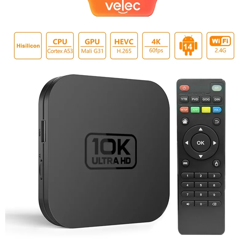AliExpress - Boîtier TV intelligent Velec Android 14, décodage vidéo 4K, lecteur multimédia 8+128, processeur quadricœur, prend en charge Netflix 
